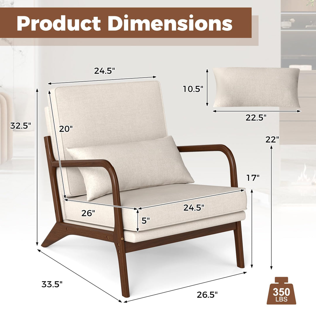 Giantex Mid Century Modern Accent Chair, Upholstered Armchair with Pillow, Rubber Wood Armrests & Legs
