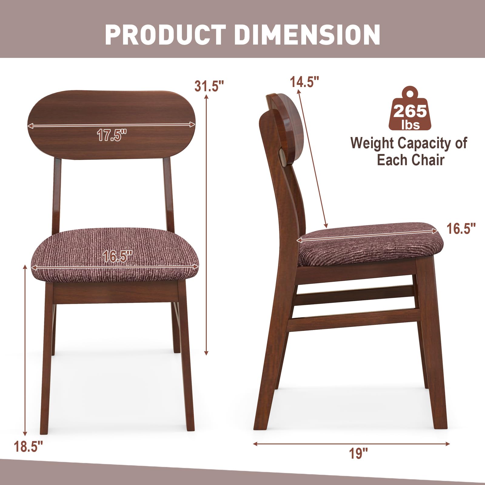 Giantex Wooden Dining Chairs Set of 4 Walnut, Farmhouse Kitchen Chairs with Padded Seat