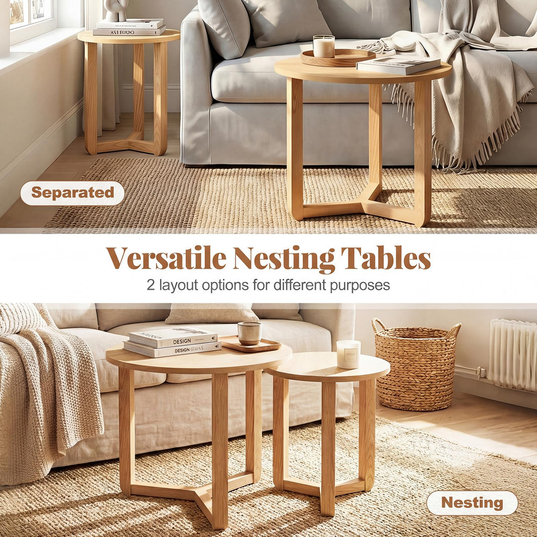 Giantex Farmhouse Round Nesting Coffee Table Set of 2 Wood Nesting End Tables