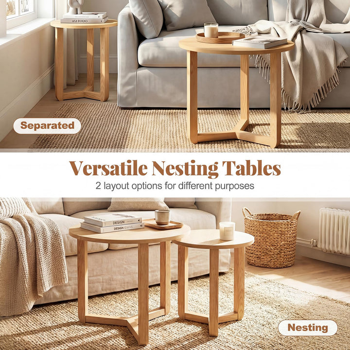 Giantex Farmhouse Round Nesting Coffee Table Set of 2 Wood Nesting End Tables