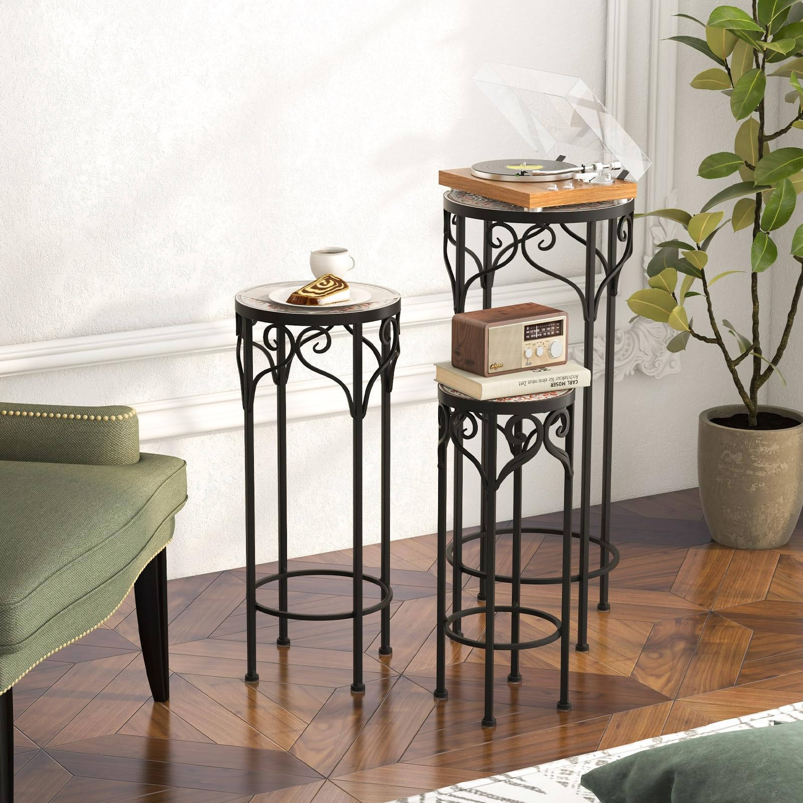 Giantex Metal Plant Stand Set of 3, 28" Mosaic Tall Flower Stand with Ceramic Top