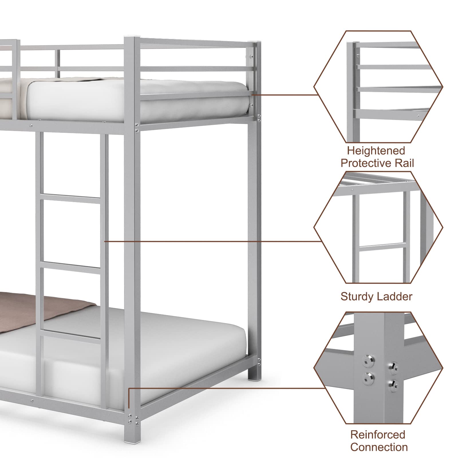 Giantex Metal Bunk Bed Twin Over Twin, Low Profile Bunk Bed Frame with Ladder & Full Length Guardrail