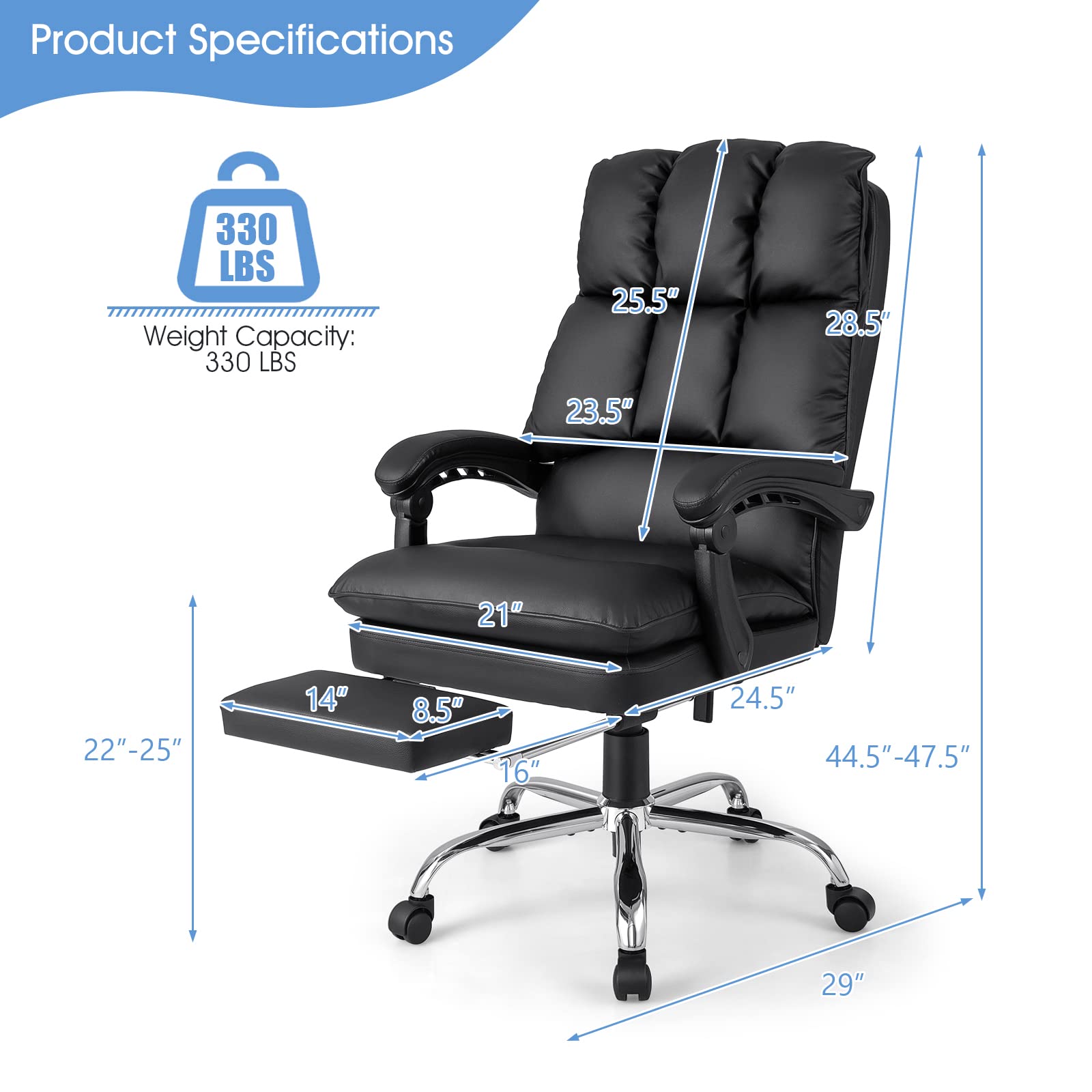 Giantex Executive Office Chair, PU Leather Reclining Chair with Retractable Footrest & Padded Armrests (Black)