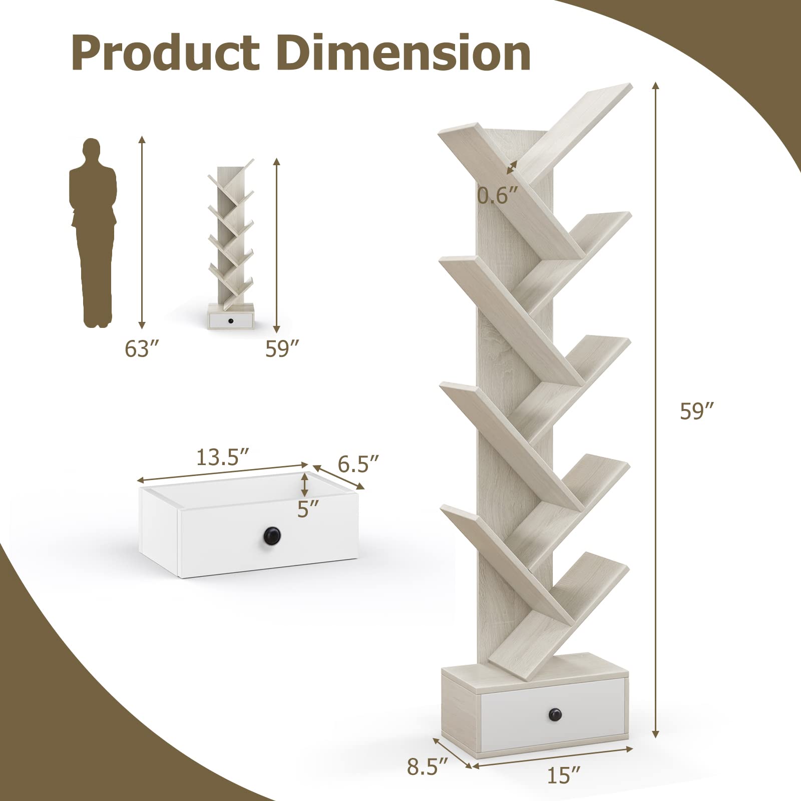 10-Tier Tree Bookshelf with Drawer, Beige - Giantex