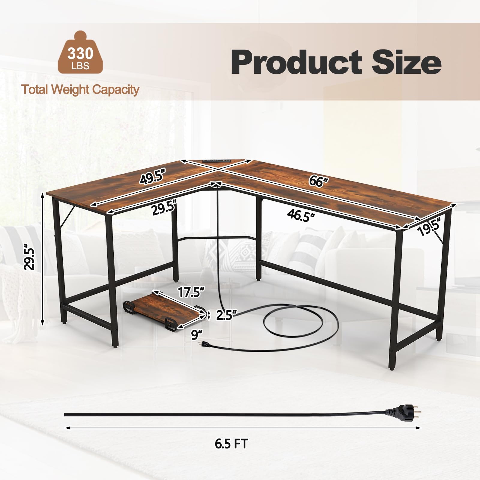Giantex L-Shaped Desk with Power Outlet, 66" Computer Corner Desk with CPU Stand & Heavy-Duty Metal Frame