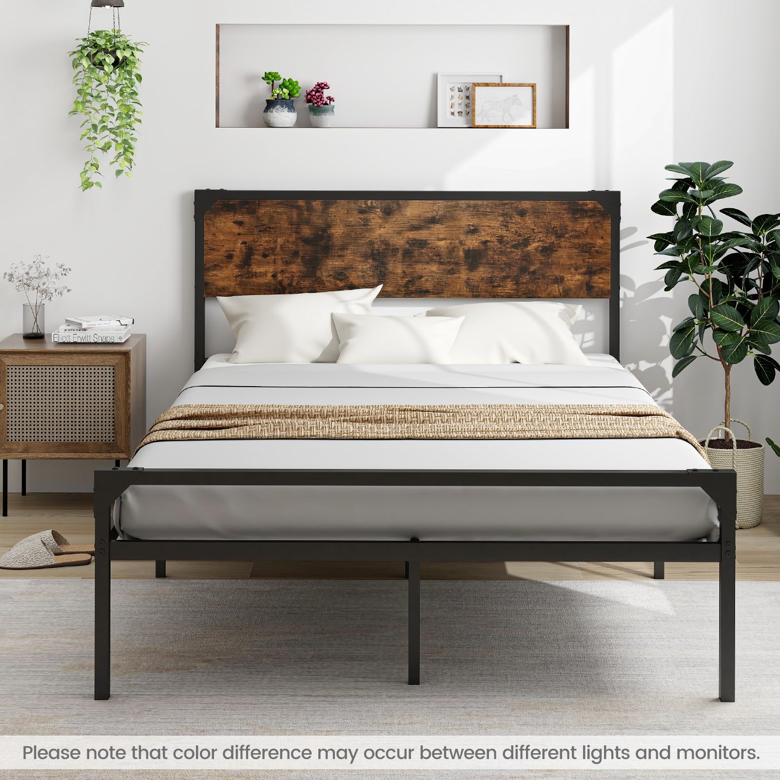 Giantex Full Size Bed Frame with Rustic Headboard & Footboard, Strong Metal Slat Support Mattress Foundation