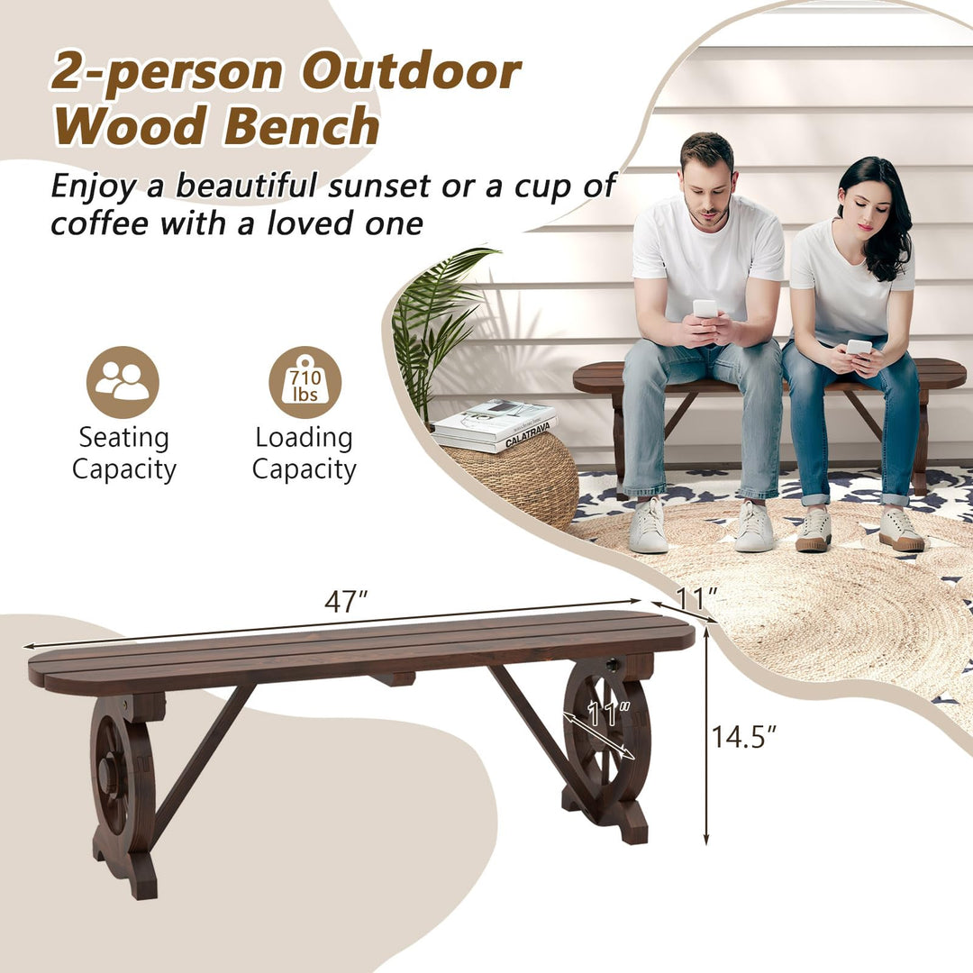 Giantex 2-Person Wooden Outdoor Bench - Patio Bench w/Wagon Wheel Legs
