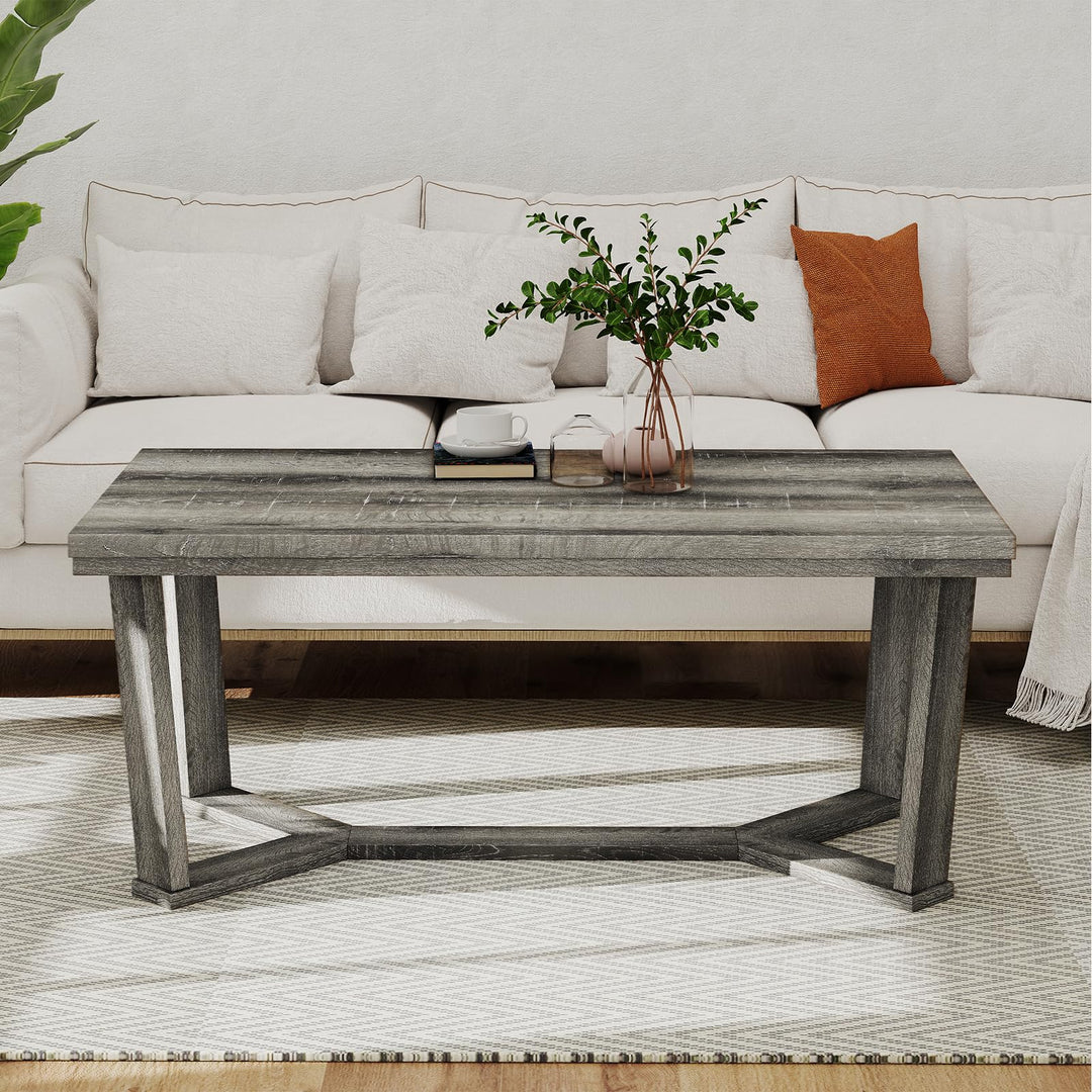Giantex Farmhouse Wood Coffee Table with Cross-Shaped Base & Rubber Wood Frame