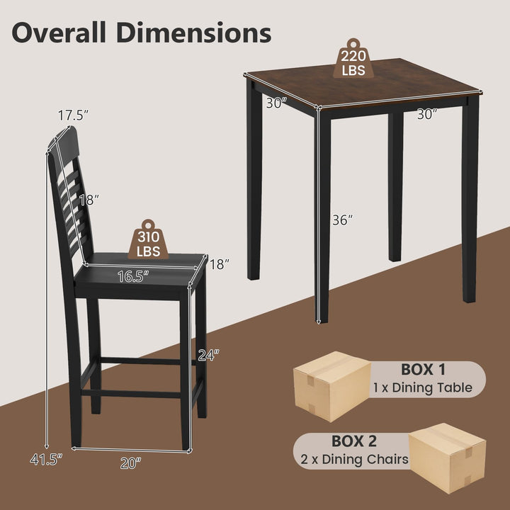 3-Piece Counter-Height Dining Table Set for 2 with Rubber Wood Frame and Footrest