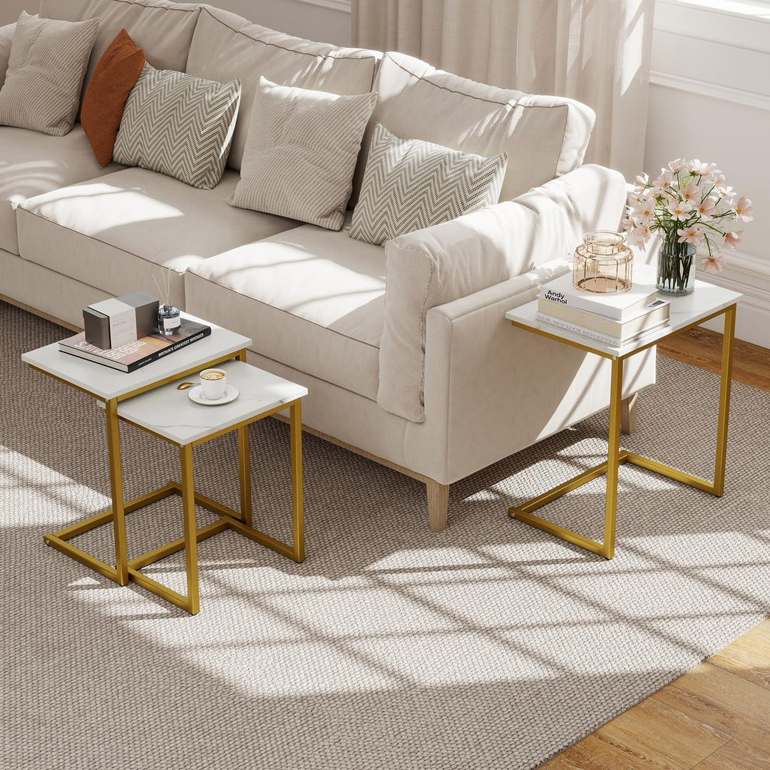 Giantex Nesting Coffee Table Set of 3 Stackable Square End Table w/Faux Marble Tabletop & Heavy-Duty Metal Frame