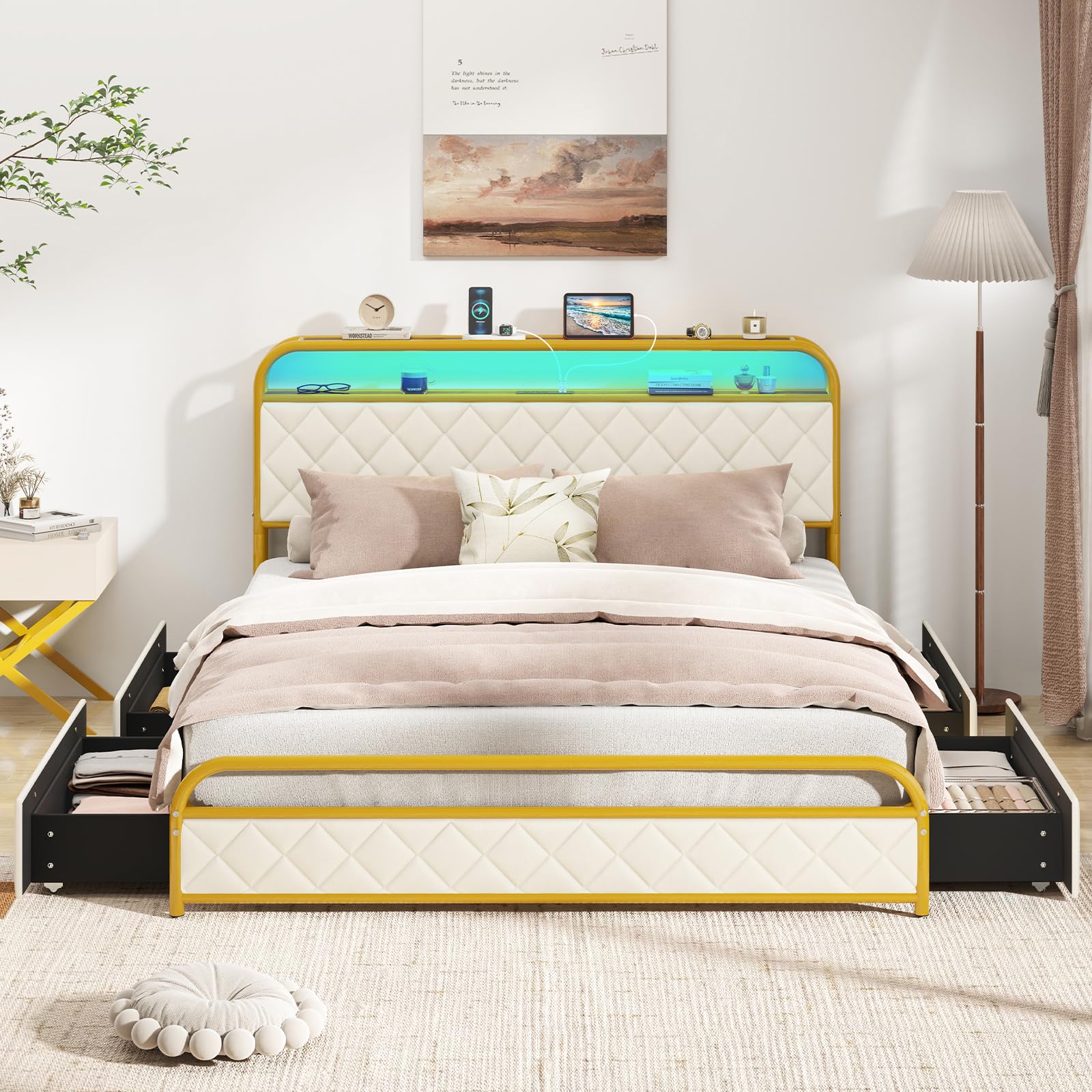 Giantex Bed Frame with 4 Storage Drawers and Charging Station