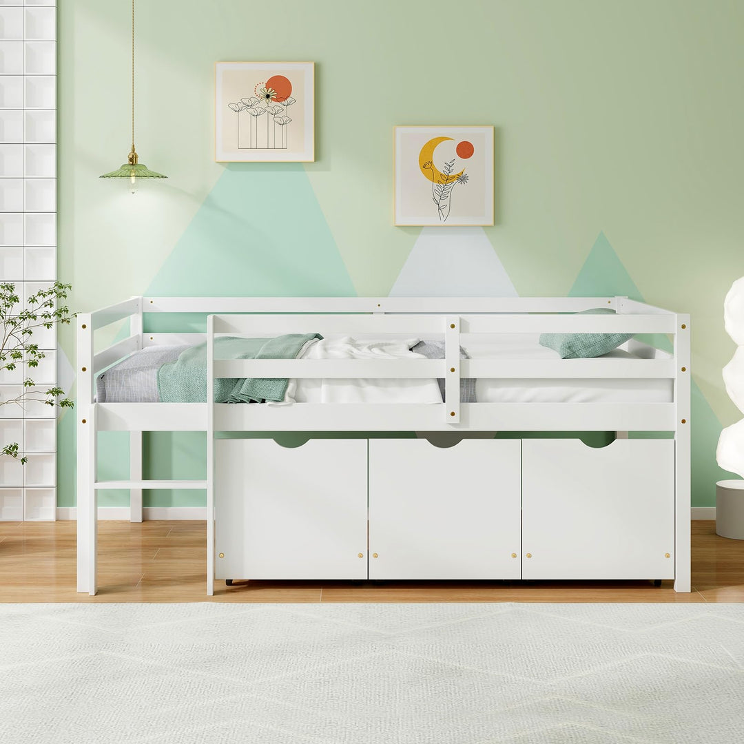 Giantex Twin Low Loft Bed with 3 Drawers, Wooden Loft Bed Frame with Ladder & Full-length Guardrails