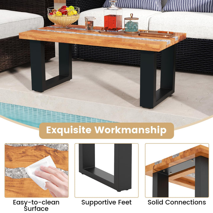 Giantex Teak Outdoor Coffee Table, Rectangular Resin Side Table with River Feel Epoxy Tabletop