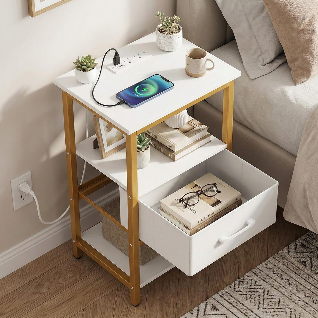 Giantex Nightstand with Charging Station and Adjustable Fabric Drawer for Bedroom and Living Room