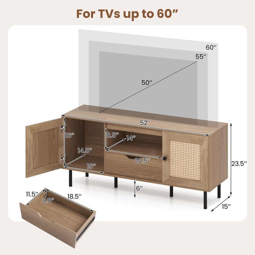 Giantex Boho TV Stand for 50-60 Inch TV with Storage Cabinets Drawer & PE Rattan Doors