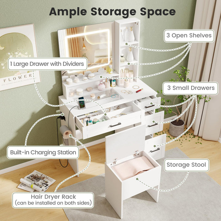 Vanity Desk with Mirror and Lights with Charging Station