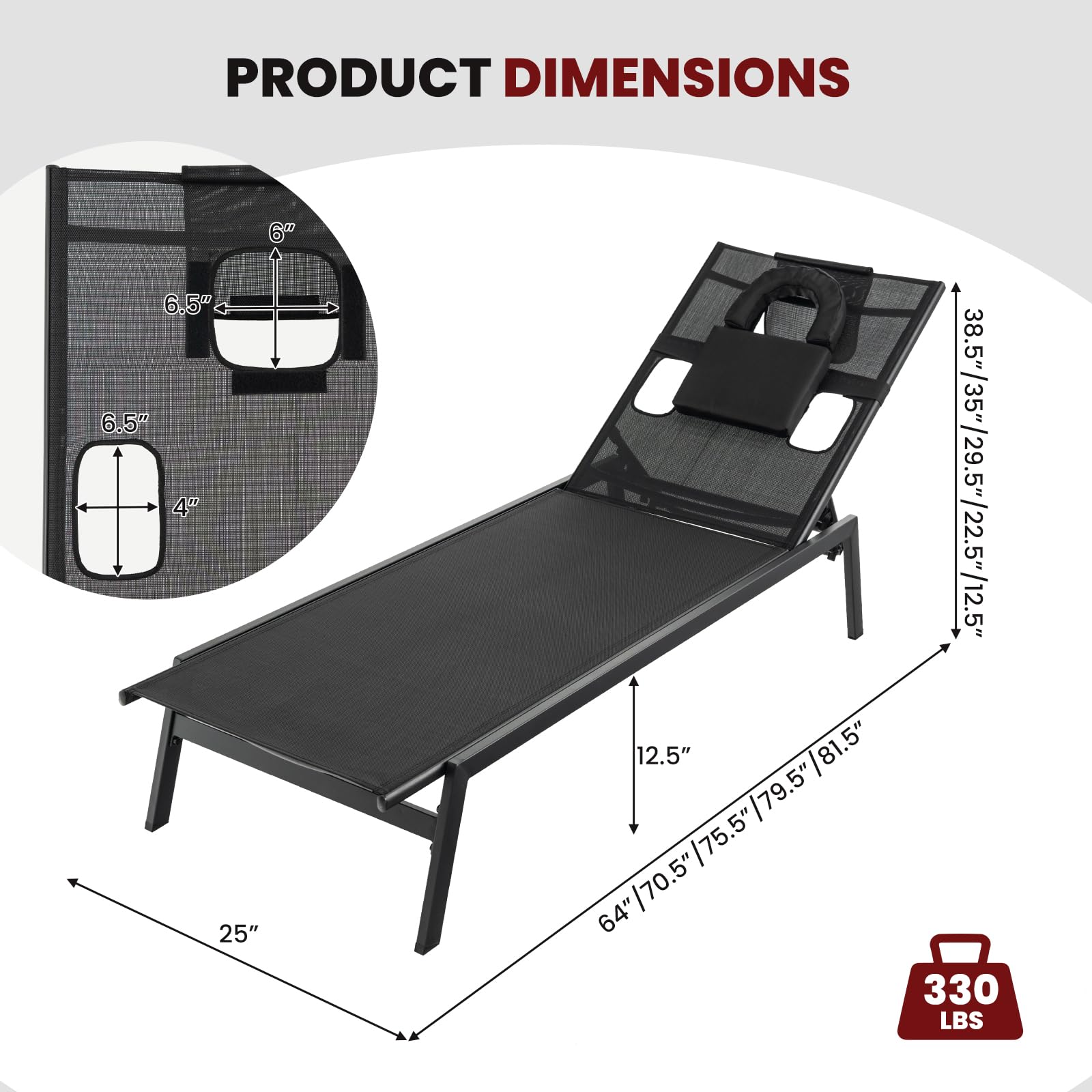 Giantex Patio Chaise Lounge Chair - Outdoor Lounge Chaise with Face Hole, Detachable Head Pillows, Black
