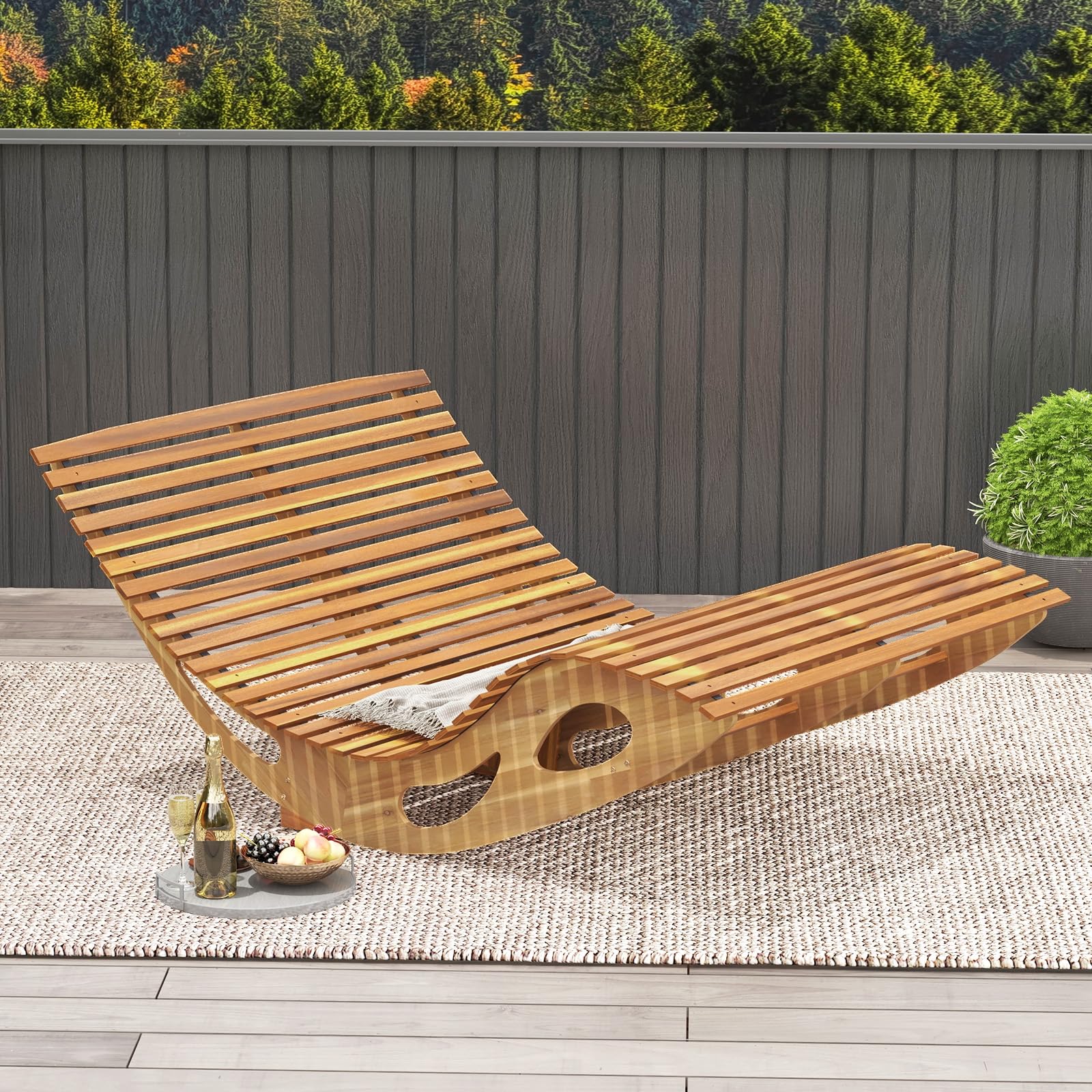 Giantex Extra-Large Dual Outdoor Rocking Chair, Acacia Wood Patio Lounge Chair with Ergonomic Curved & Slatted Seat