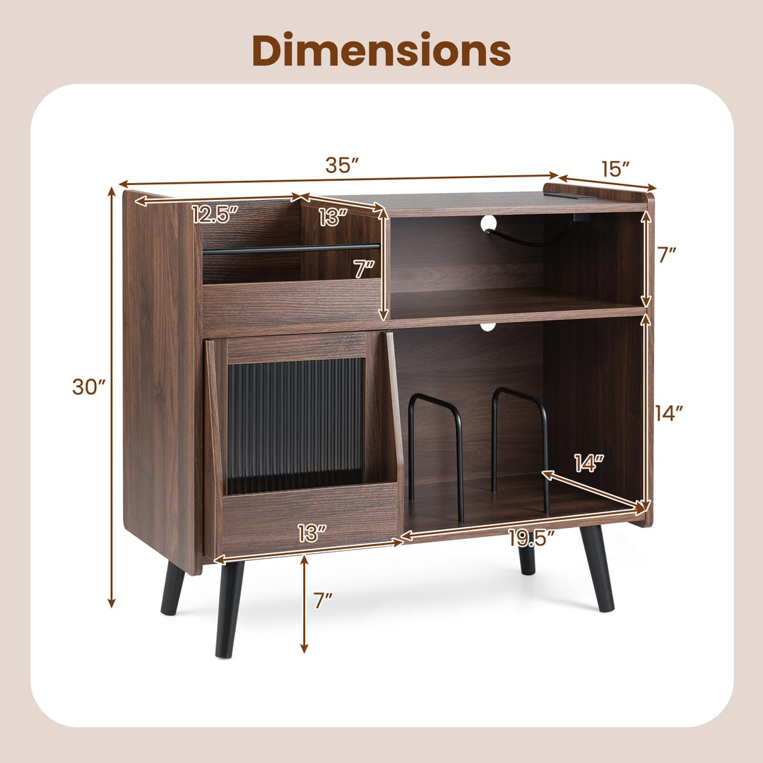 Giantex Record Player Stand with LED Light and Power Outlets Large Turntable Stand with Sliding Door