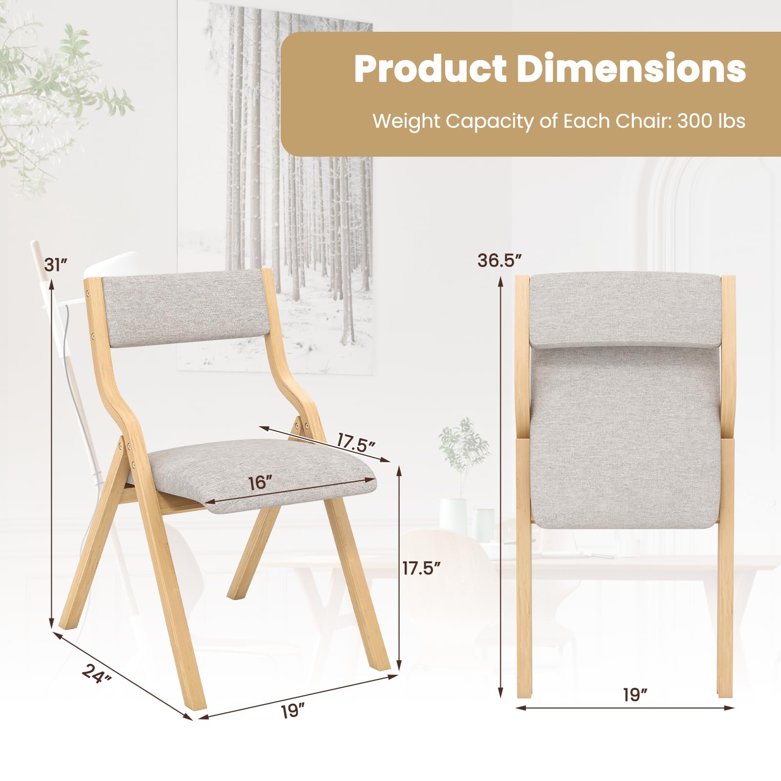 Folding Dining Chair Set of 2, No Assembly Folding Chairs w/Linen Padded Seats - Giantex