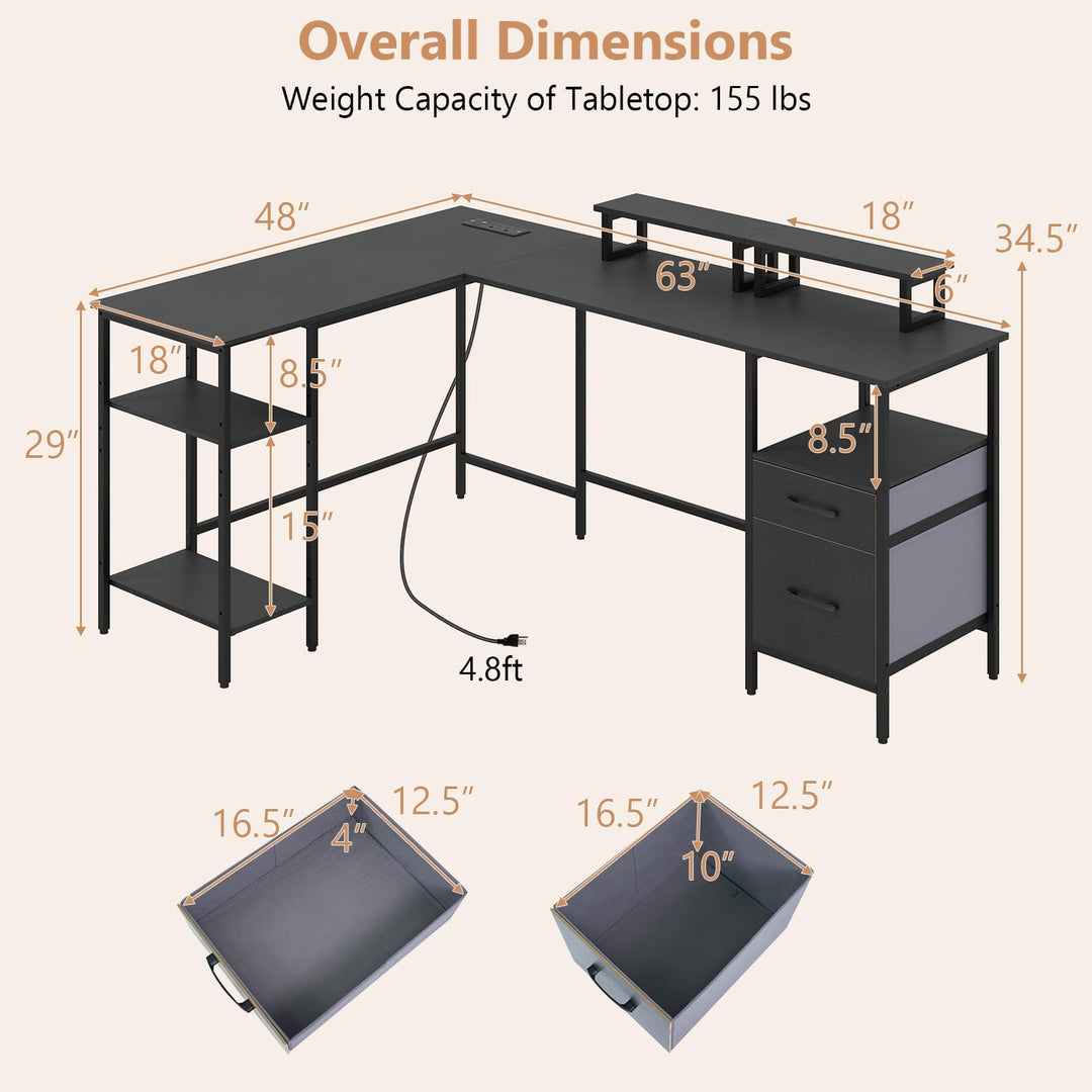 Giantex 63" Reversible L Shaped Desk with Charging Station
