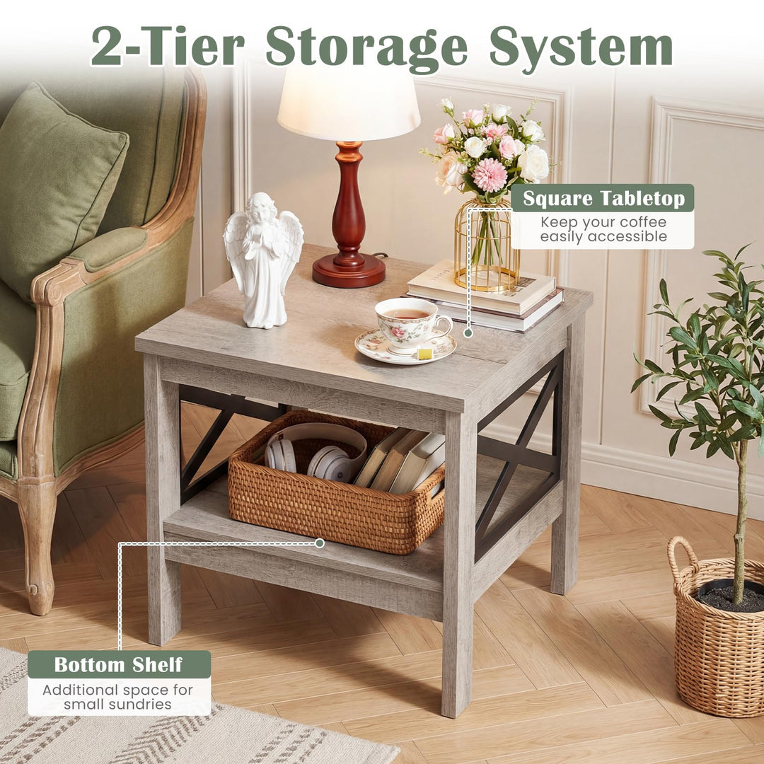 Giantex 2-Tier Square End Table with Storage Shelf &amp; X-Frame