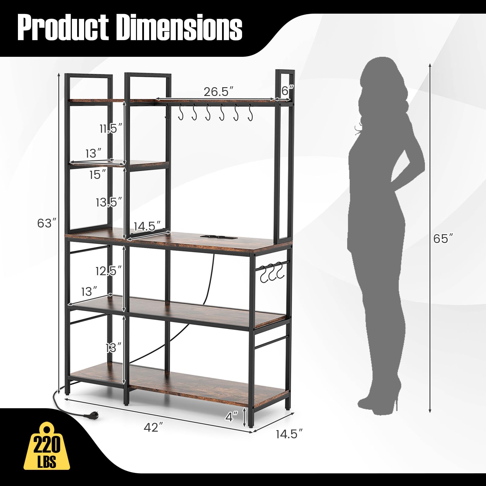 Giantex Bakers Rack with Power Outlets, 5-Tier Coffee Bar Table Organizer w/ 10 S-Shaped Hooks, 63" Large Microwave Stand