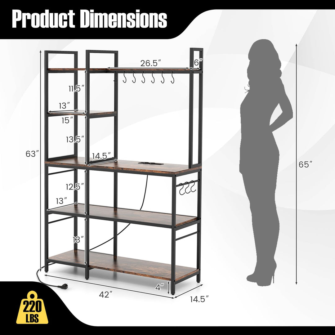 Giantex Bakers Rack with Power Outlets, 5-Tier Coffee Bar Table Organizer w/ 10 S-Shaped Hooks, 63" Large Microwave Stand