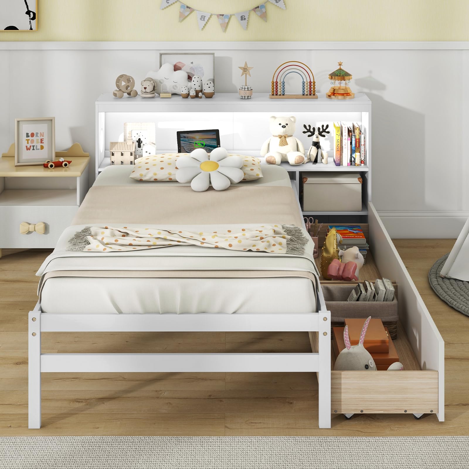 Giantex Wood Twin Bed Frame with Storage Drawer & Headboard, Modern Platform Bed with Charging Station & LED Light