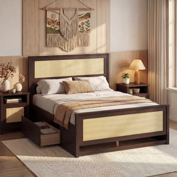 Giantex  Full/Twin Size Rattan Bed Frame with 2 Storage Drawers