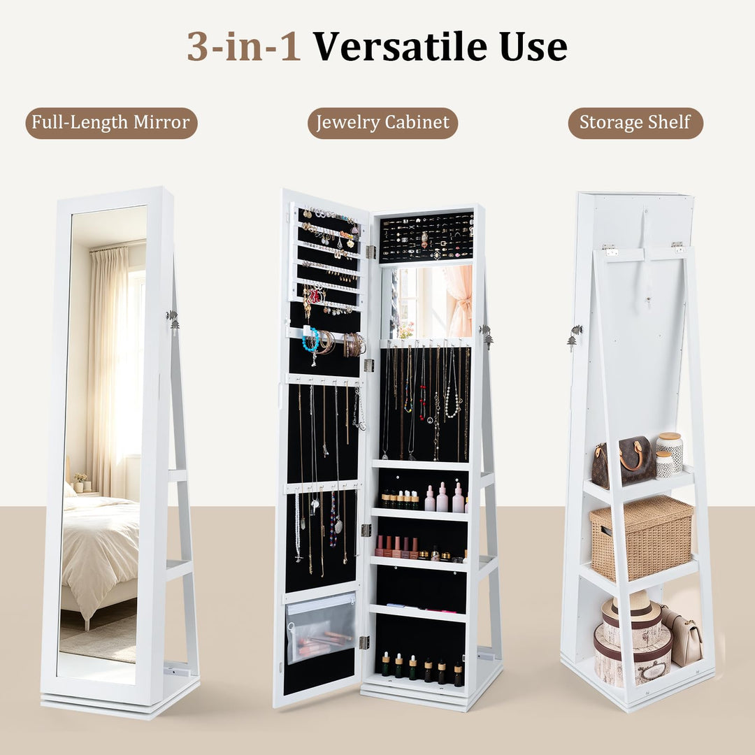 CHARMAID Swivel Jewelry Armoire with Full Length Mirror &amp; Rear Storage Shelves