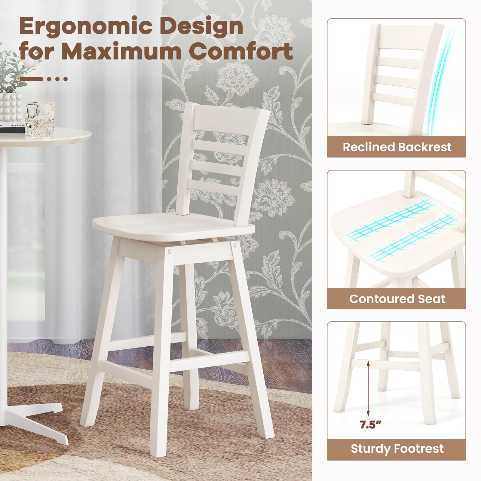 Giantex Wood Bar Stools, Swivel Counter Height Bar Stools with Slatted Hollow Back & Ergonomic Contoured Seat