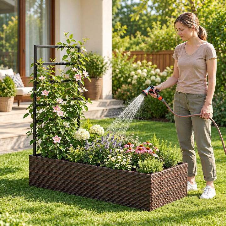 GIANTEX 44" Rattan Raised Garden Bed with Trellis (1/2)