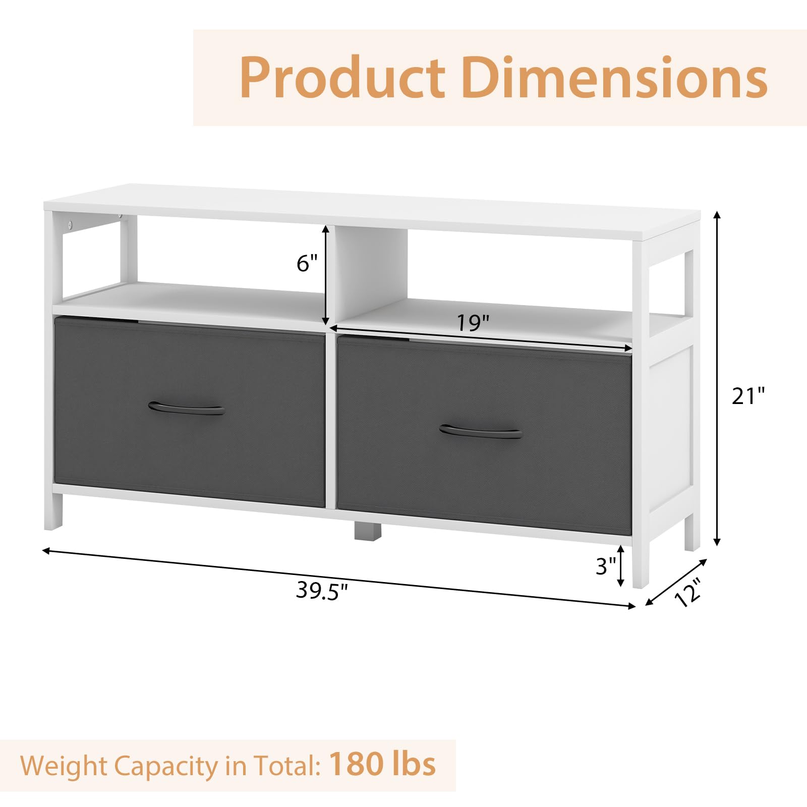 Giantex TV Stand for Bedroom, Storage Cabinet with 2 Open Shelves, 2 Removable Fabric Drawers
