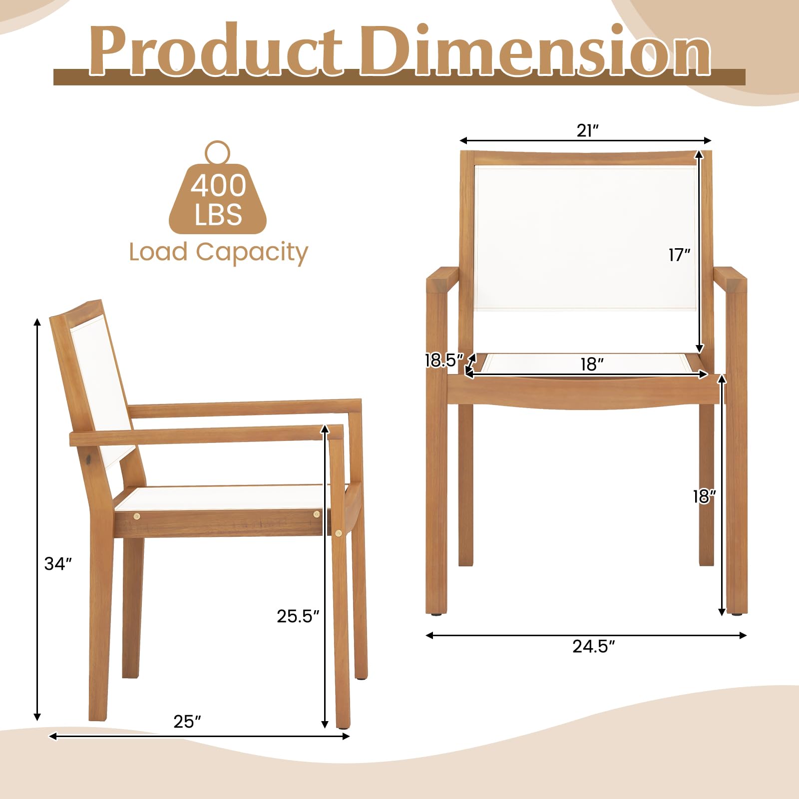Giantex Stackable Outdoor Dining Chair Set, Patio Armchairs w/Acacia Wood Frame, All Weather Fabric, Armrests
