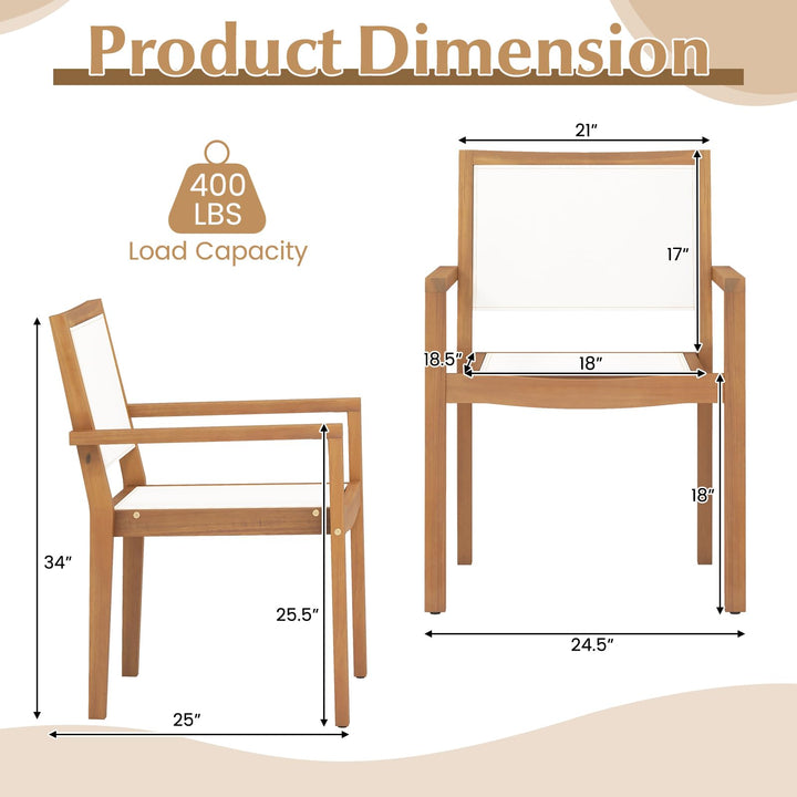 Giantex Stackable Outdoor Dining Chair Set, Patio Armchairs w/Acacia Wood Frame, All Weather Fabric, Armrests
