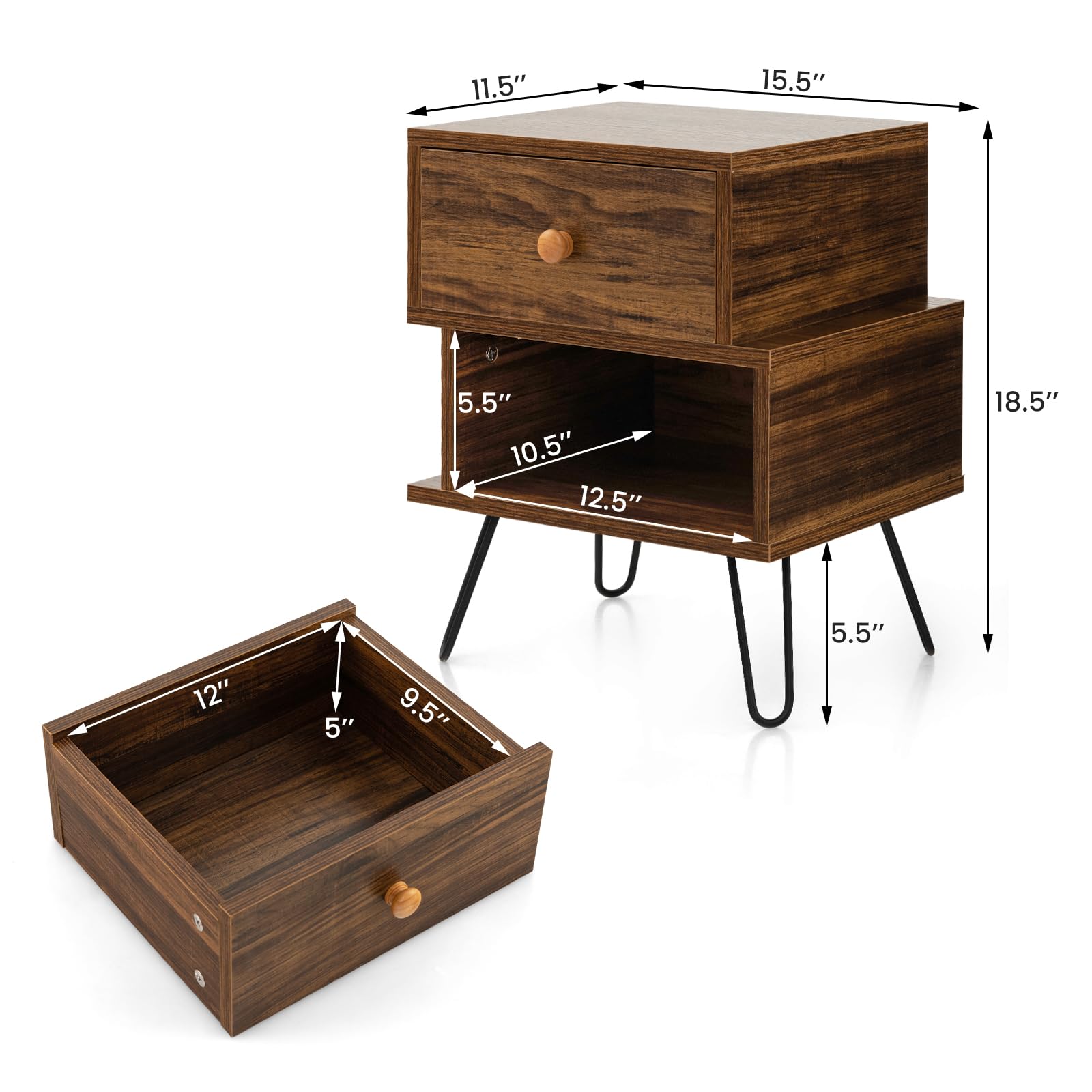 Giantex Nightstands Set of 2, S-Shaped Bedside Tables w/Storage Drawer, Open Shelf