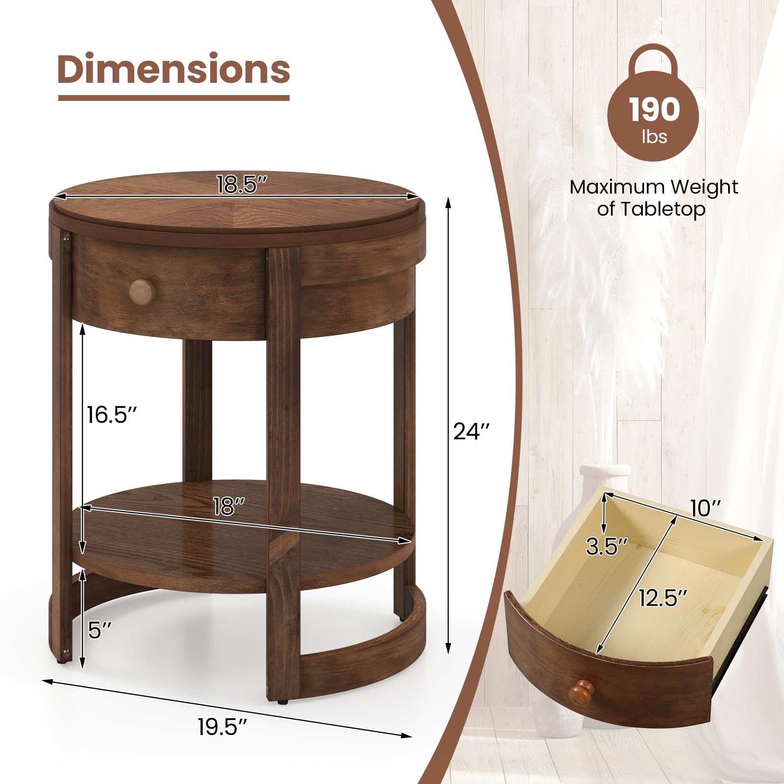 Giantex Round Side Tables Set of 1/2, 2-Tier Retro End Tables with Drawer & Shelf