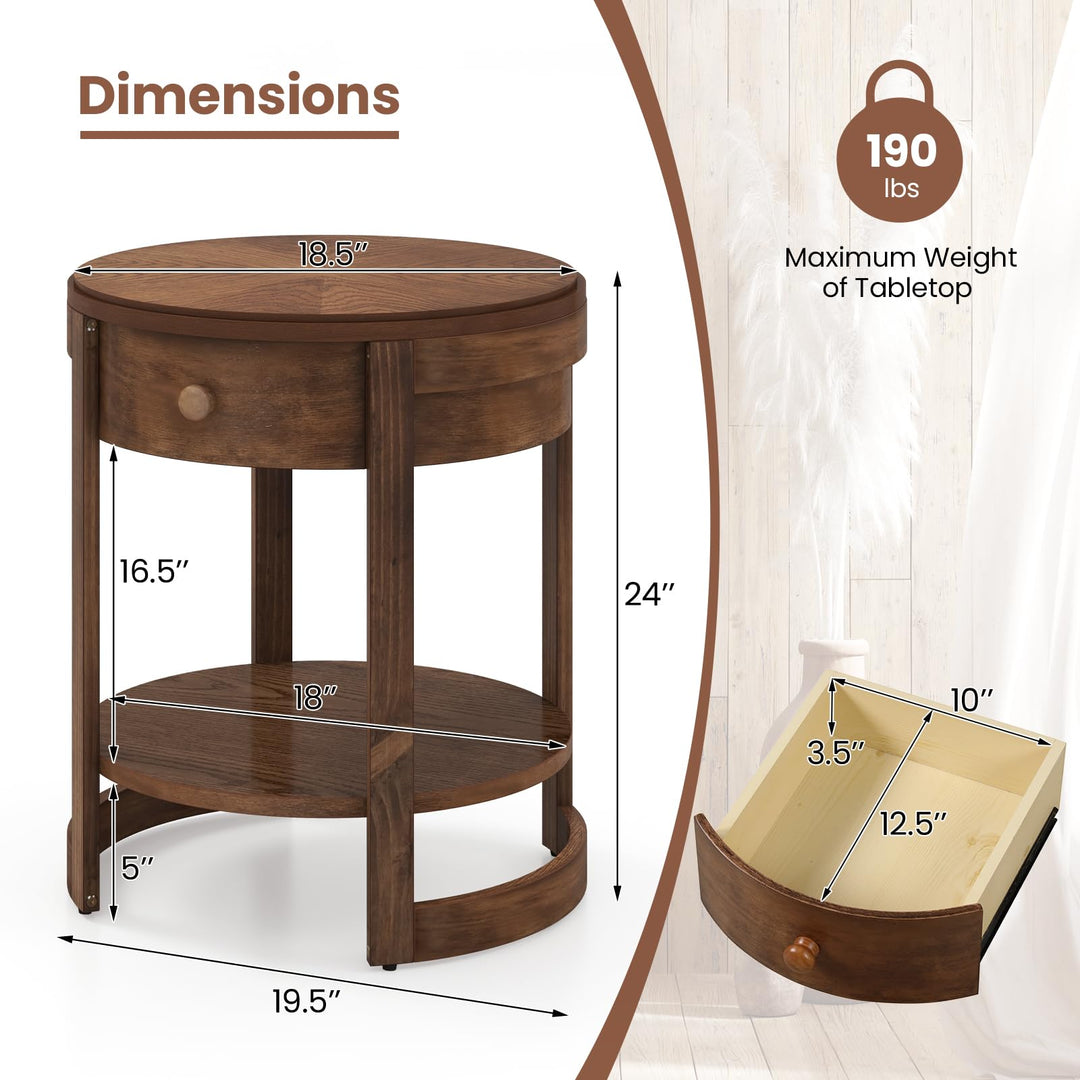 Giantex Round Side Tables Set of 1/2, 2-Tier Retro End Tables with Drawer & Shelf