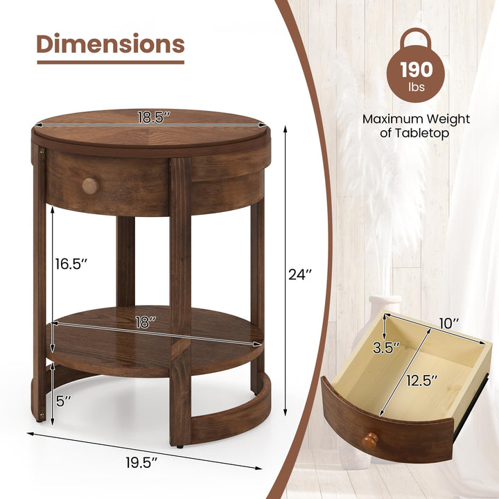 Giantex Round Side Tables Set of 1/2, 2-Tier Retro End Tables with Drawer & Shelf