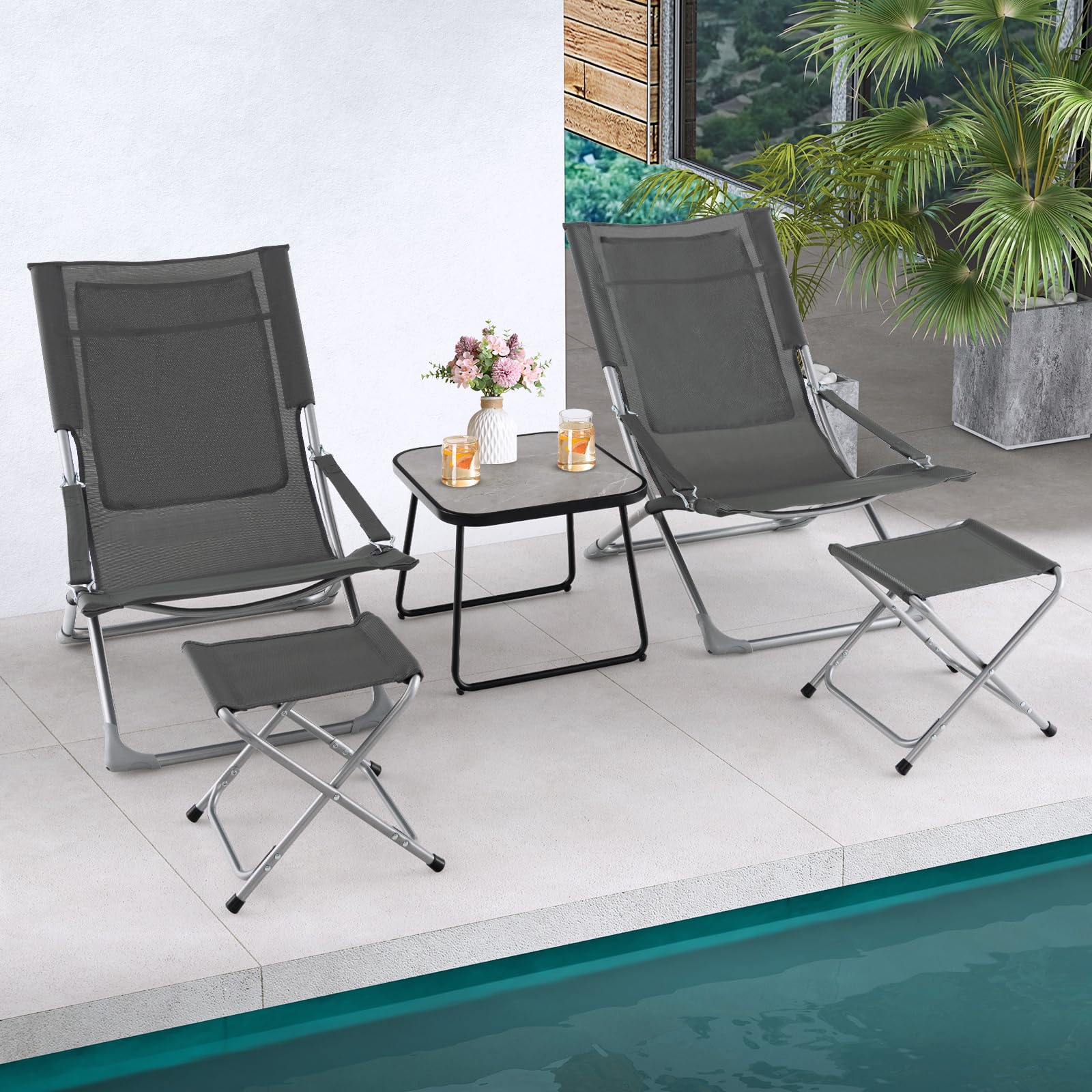 Giantex 5-Piece Patio Bistro Set, Folding Lounge Chairs with Footrest Stool & Side Table, Removable Cushion