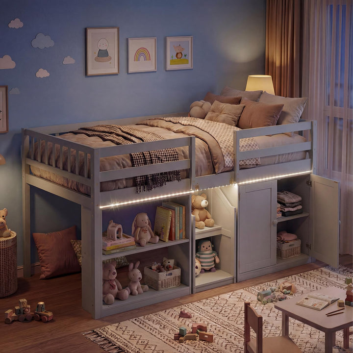 Giantex Low Loft Bed Twin Size with LED Lights, Wooden Bed Frame