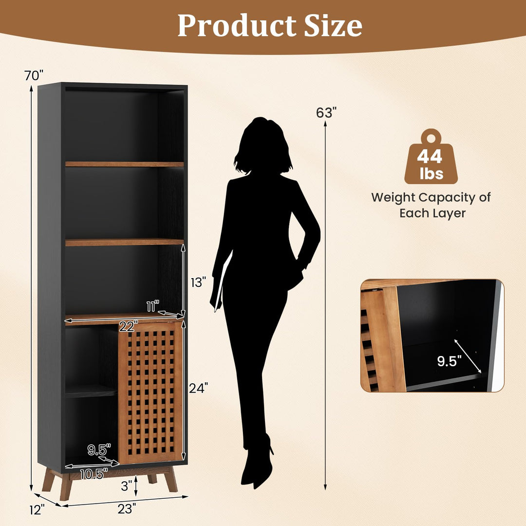 Giantex 70" Bookcase with Sliding Doors 5-Tier Tall Bookshelf with Reversible Adjustable Shelf