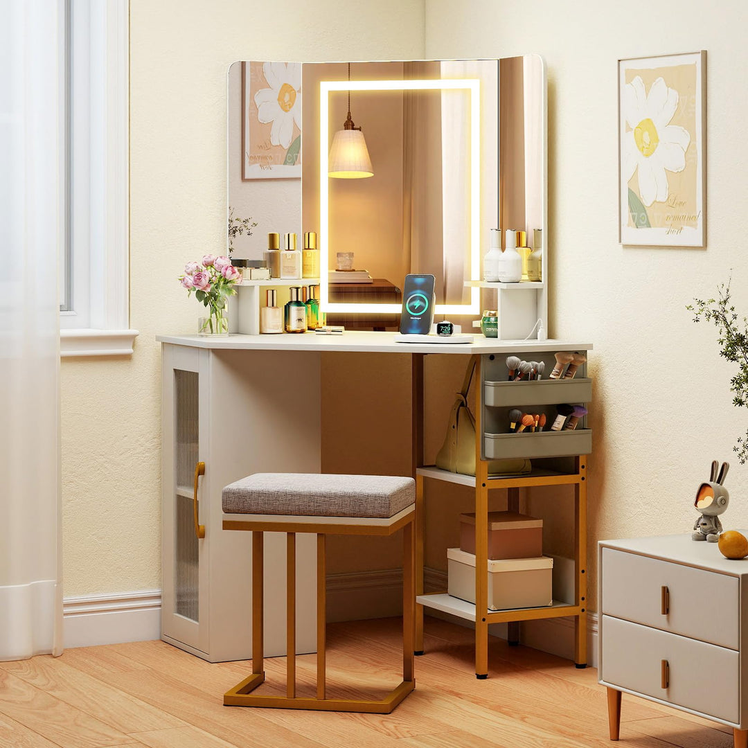 CHARMAID Corner Vanity Desk with Lighted Tri-Fold Mirror | Space Saving Dressing Table with Stool