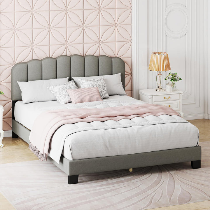 Giantex Queen Bed Frame Linen Upholstered Platform Bed with Adjustable Scalloped Tufted Headboard
