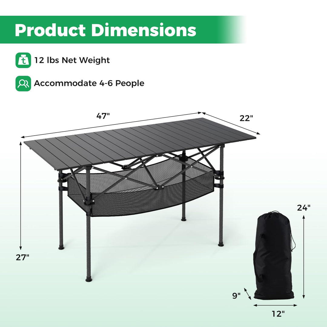 Giantex Folding Camping Table Portable Picnic Table w/Aluminum Roll-up Tabletop & Mesh Basket