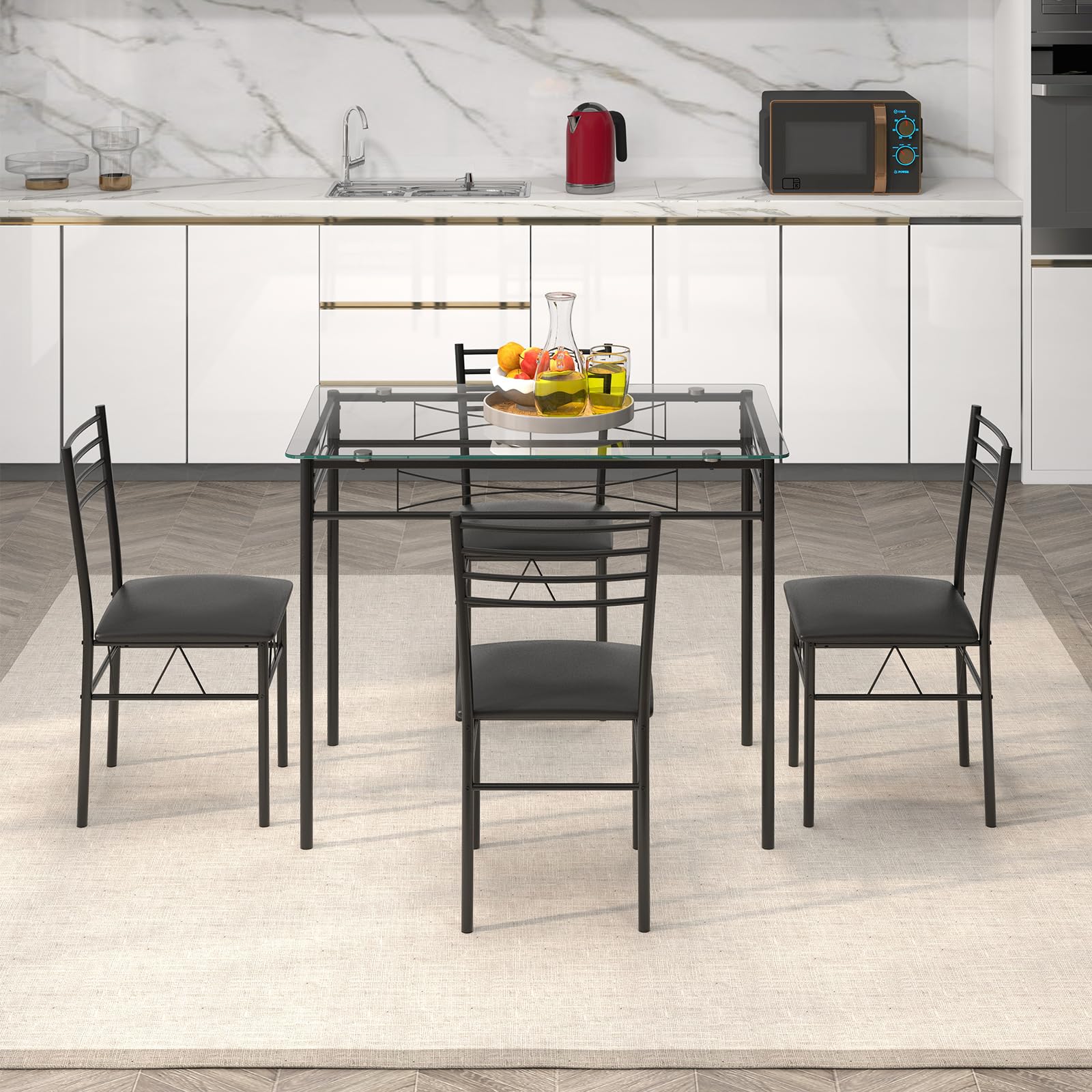 Giantex 5 Piece Dining Table Set, Kitchen Dining Set with Tempered Glass Table Top and 4 Upholstered Chairs (Black)