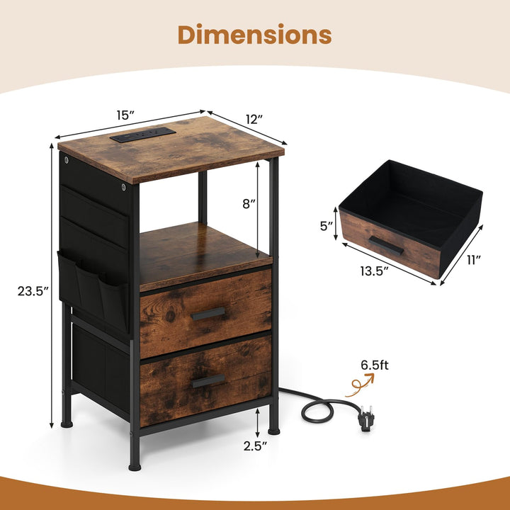 Giantex Night Stand with Charging Station | LED Sofa End Table w/2 Folding Fabric Drawers