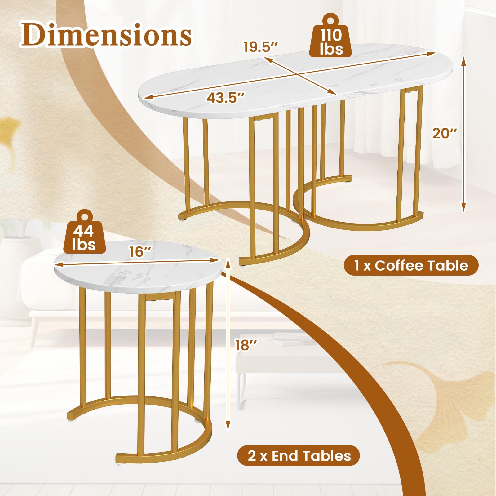 Giantex Nesting Coffee Table Set of 3, Stacking Side Tables with Faux Marble Tabletop & Gold Metal Frame