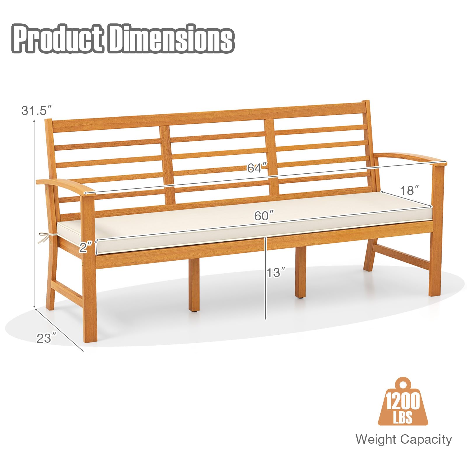 Giantex Acacia Wood Outdoor Bench, 3-Seat Patio Bench with Removable Cushion